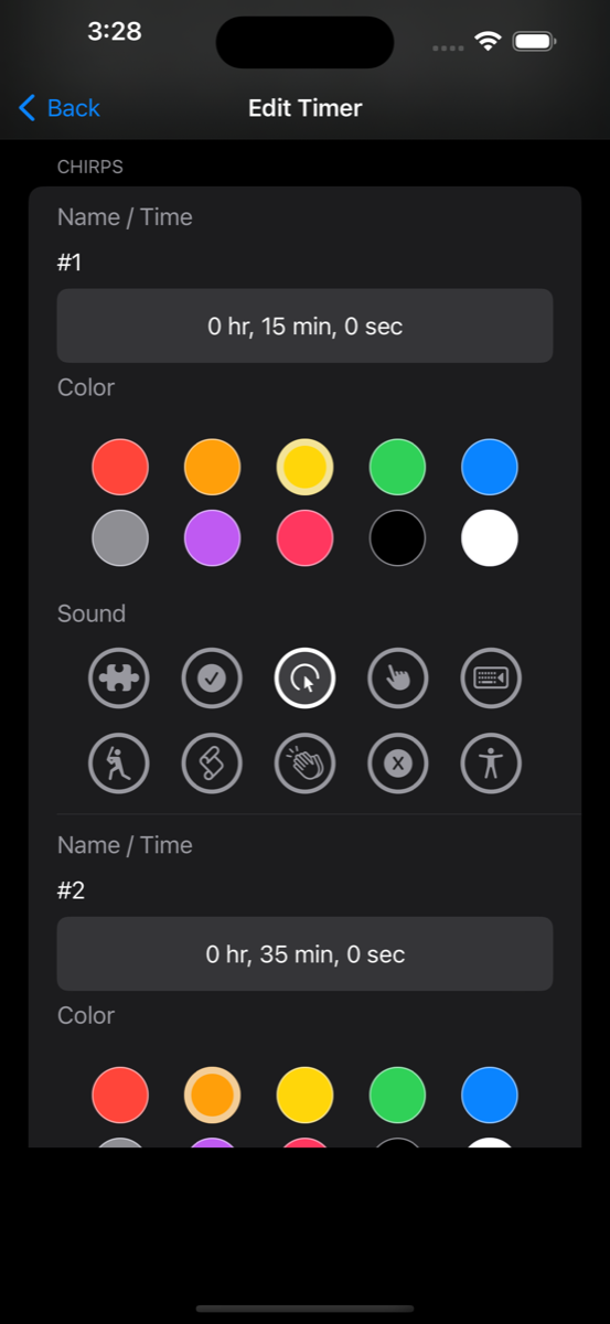 Chirp Timer's editor showing chirps with custom colors and sounds
